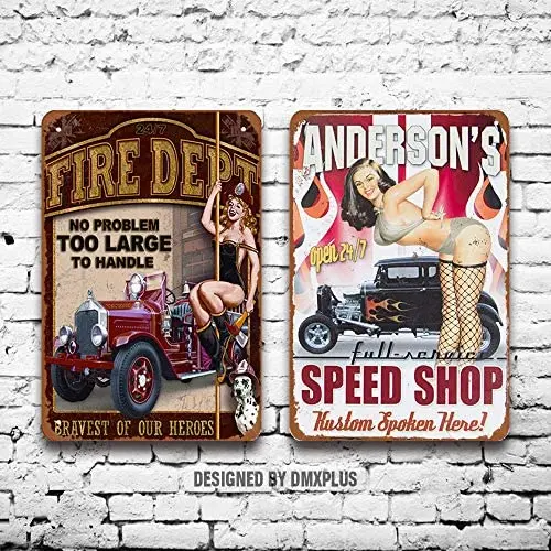 

Металлический знак (набор из 2), скоростной магазин, произведенный на заказ здесь! Сексуальное винтажное украшение для стен Pinup Girl, Декор для ...