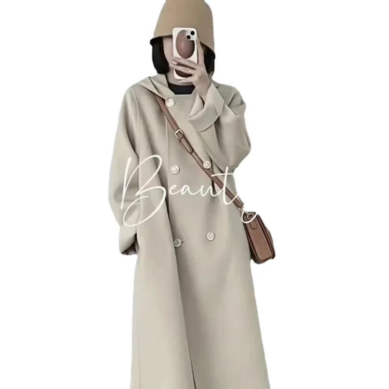 

Hooded wool women's mid-length stitching winter loose solid color double-breasted regular sleeve double-sided fleece jacket