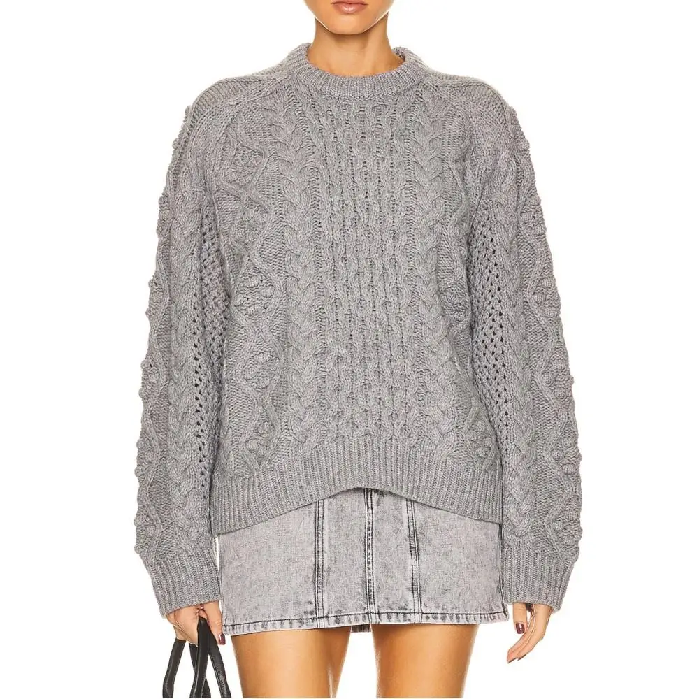 

Ladies Winter o-neck Knit Pullover Long Sleeve Ribbed Hem Cable Knitted Fabric Wool Sweater Wool Cashmere Loose Women Coat