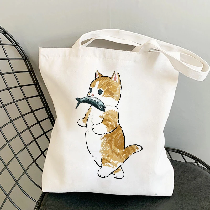

Сумка для покупок Kawaii, кошки, рыбы, сумка для покупок, сумка-тоут, летняя сумка через плечо, Холщовая Сумка большой вместимости, натуральная с...