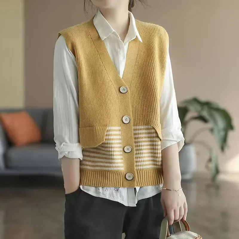 Свитер с v-образным вырезом жилет женский топ весенне-осенний вязаный в полоску