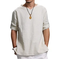 2022 pullover cotton hemp solid color mens shirt new autumn three quarter sleeve shirts for men camisa casual hombre