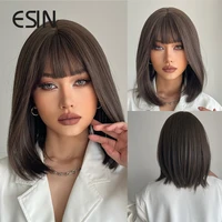 esin synthetic bob brown wig witn bangs short brown wigs for women shoulder length natural straight wigs for daily use