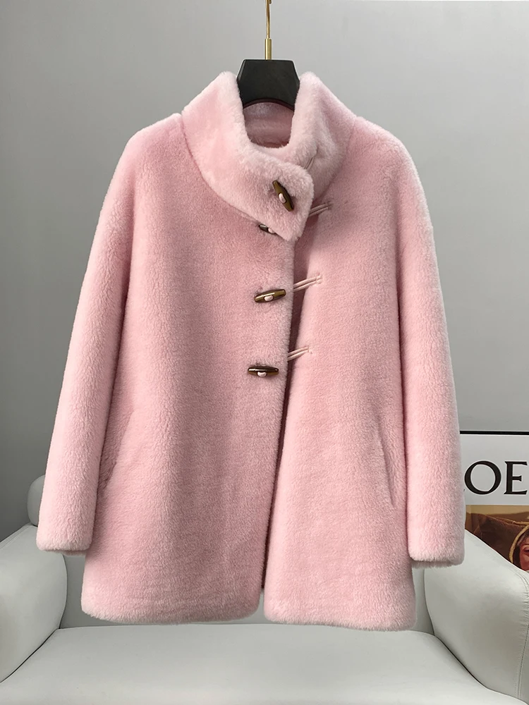 

RosEvans Horn Button Lamb Wool Coat Women New Winter Cashmere Loose Jacket Fashion Stand Collar Long Sleeve Midi Thick Warm