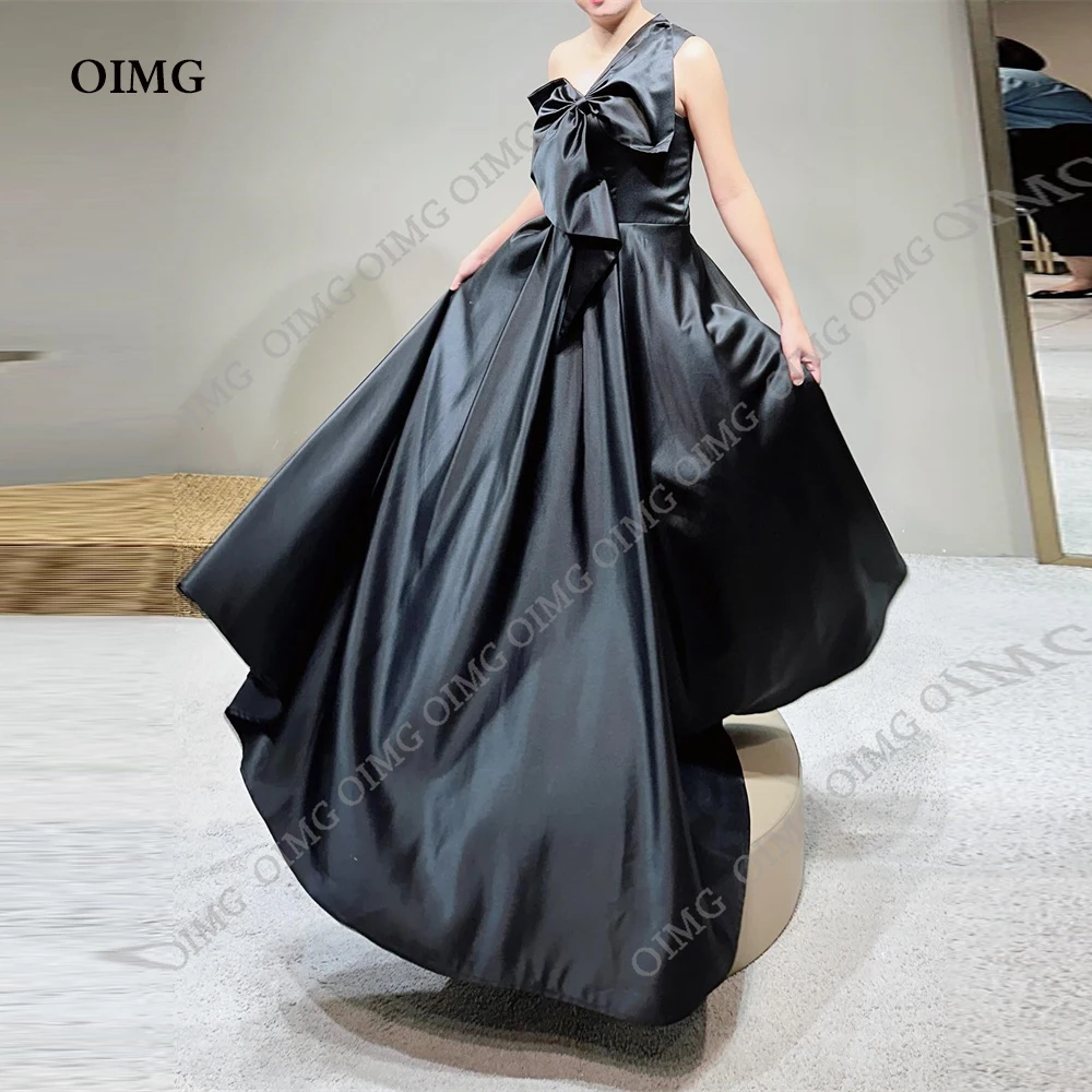 

OIMG Black Korea Satin Evening Party Dresses A Line Bow One Shoulder Floor Length Pink Prom Gown Night Graduation Dress