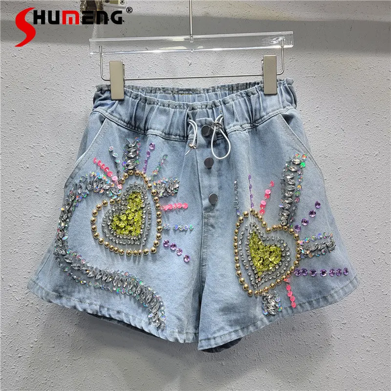 

2023 Summer New Exquisite Rhinestone Beaded Sequins Short Pants High Waist Slimming Wide-Leg Denim Shorts Jeans for Women