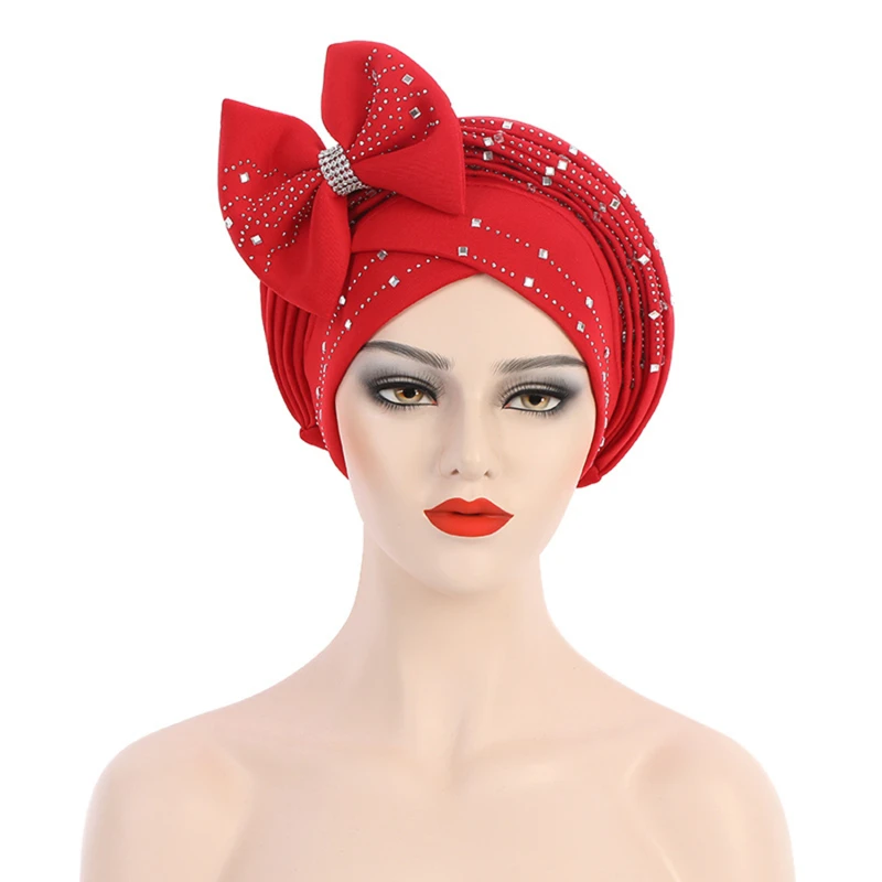 

Bow-tie Turban Caps For Women Fashion African Headtie Nigerian Wedding Gele Muslim Headscarf Bonnet Female Head Wraps