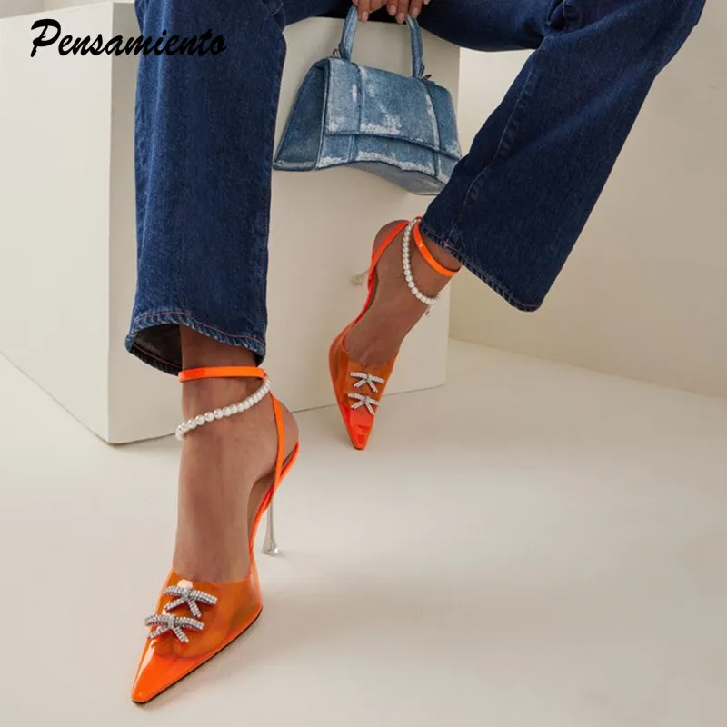 

Luxury Pearls Crystal Bowknot Women Pumps Fashion Transparent PVC Slingbacks High heels Elegant Pointed toe Summer Party Shoes