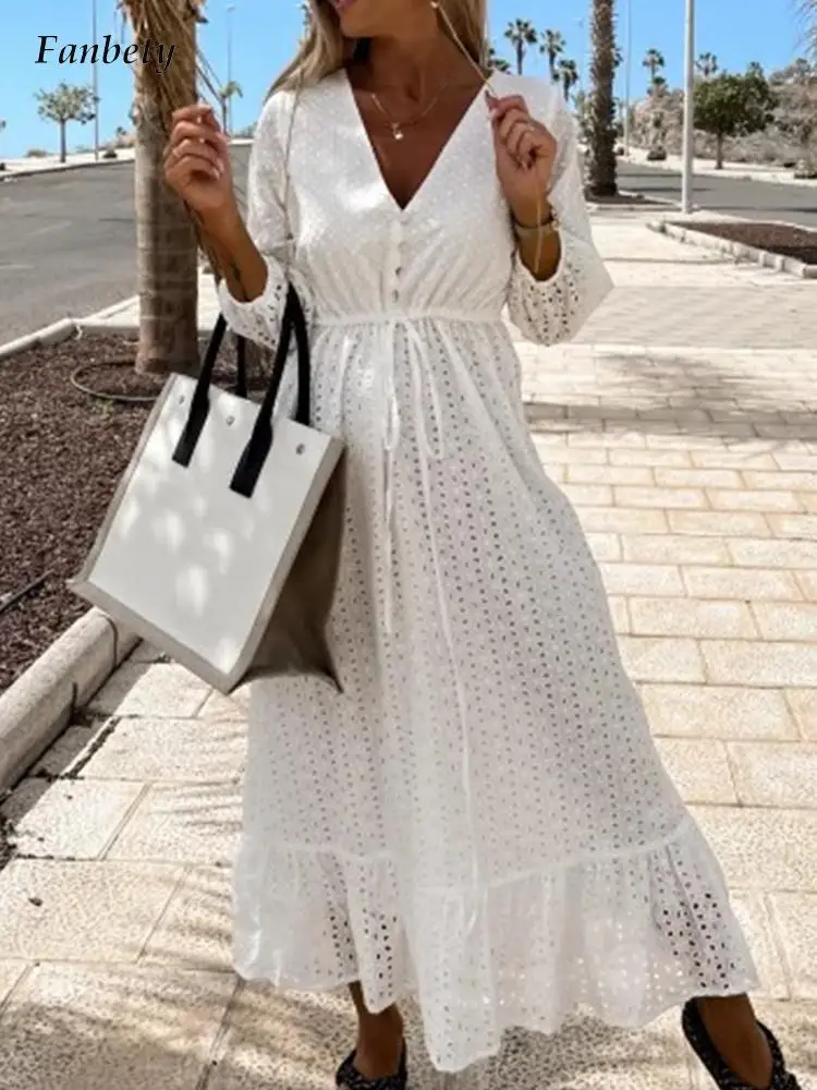 

Elegant V-Neck Short Sleeve Lace-Up Dresses Office Fashion High Waist Ruffles Party Dress Casual Women Commute Long Dress Mujer