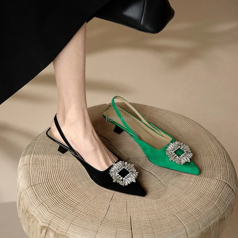 

2022 New Arrival Fashion Green High Heels Sandals Pointed Toe Women Pumps Crystal Flower Slingback Stripper Heels Ladies Shoes