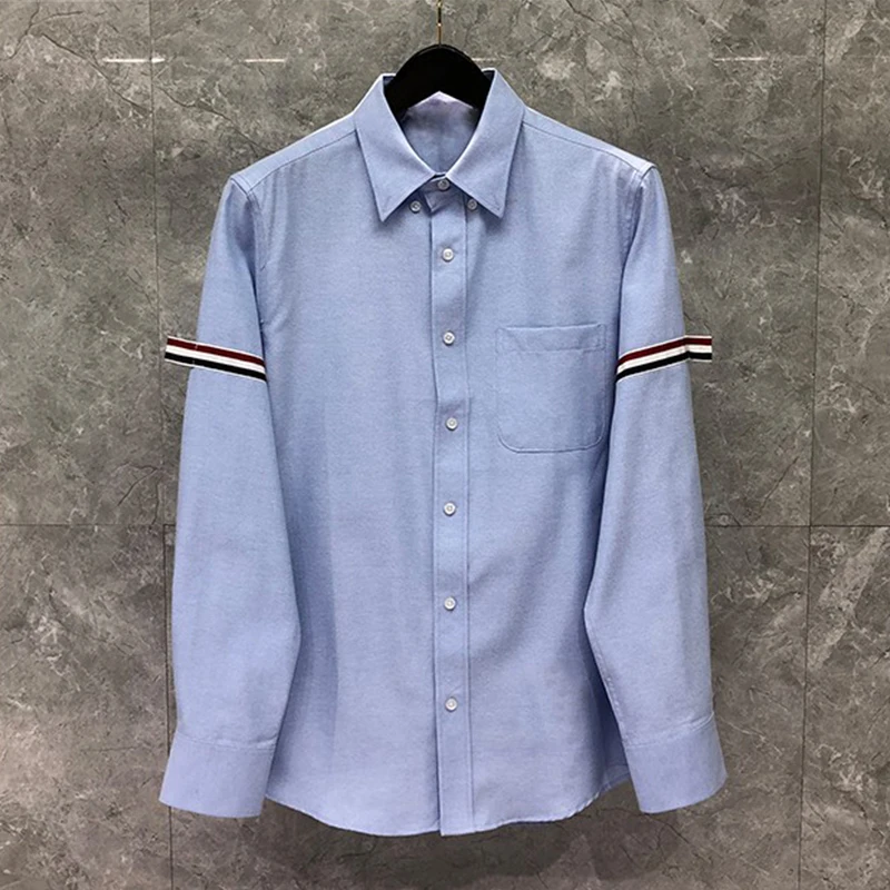 TB THOM Men Shirt Spring Autumn Fashion Brand Men's Tops RWB Ribbon Armband Vertical Stripe Designer Cotton Oxford Casual Shirt