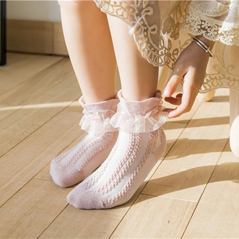 

Girls Socks Spring Cotton Children Dance Socks Mesh Trendy Elastic White Green Pink Lace Flowers Ruffle Kids Cute Princess Socks
