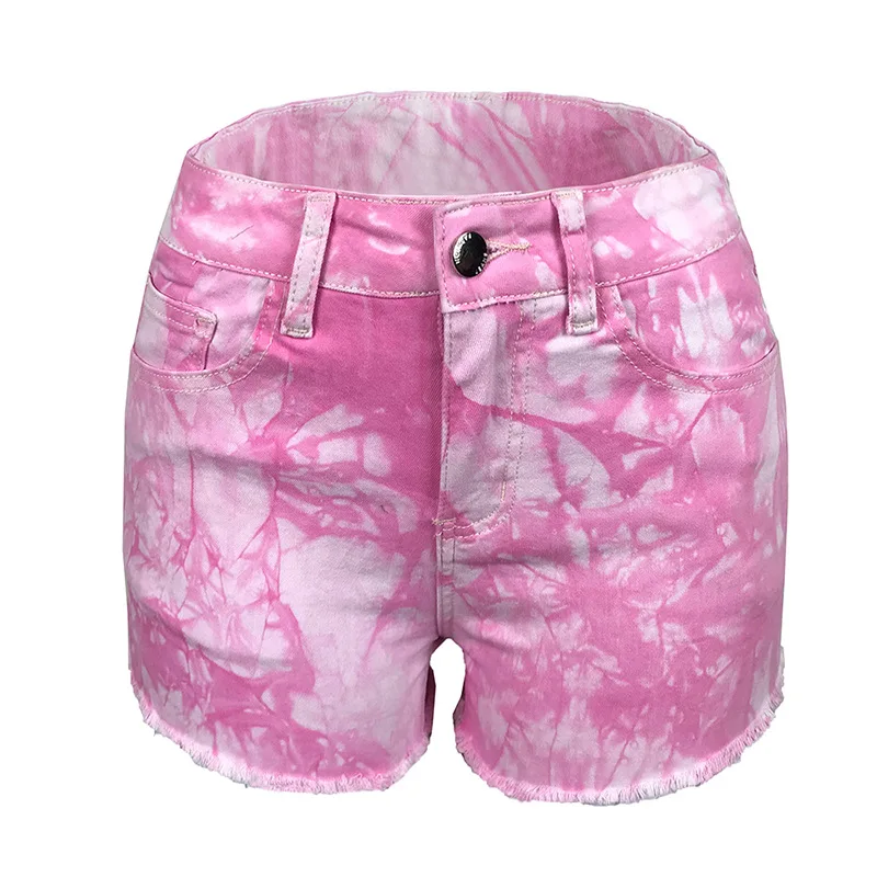 Pink Tie-dye Spring and Summer New Fashion Sexy Stretch Casual Personality Ripped Fringed Ladies Denim Shorts Women's Clothing