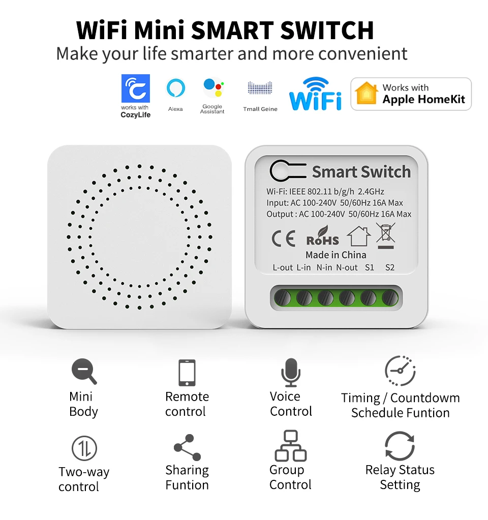 

Homekit 16A Wifi Mini Smart Switch 2 Way Control Wireless DIY Light Switch Smart Home Works with Siri CozyLife Alexa Google Home
