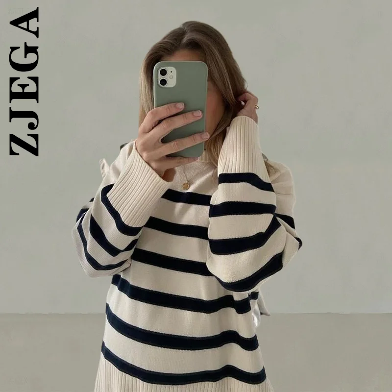 

Zjega осень 2023 Модный женский полосатый вязаный свитер Джемперы элегантные женские пуловеры с круглым вырезом шикарные топы