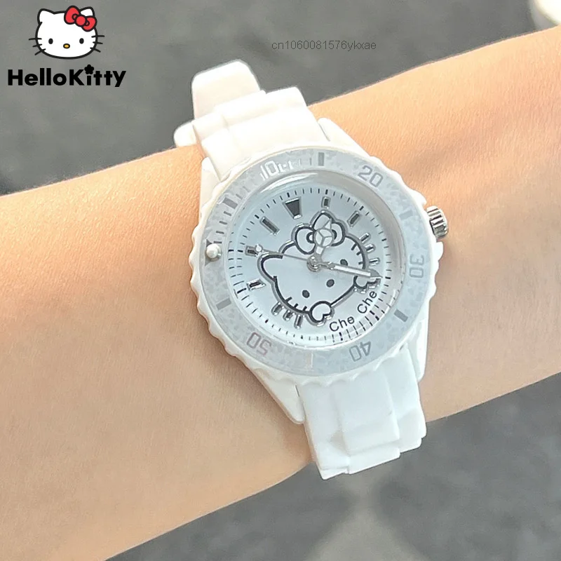 Y2k Sanrio Hello Kitty Cartoon Watch Women White Silicone Strap Wristwatch Waterproof Anime Pop Ring Toy Birthday Gifts For Kids