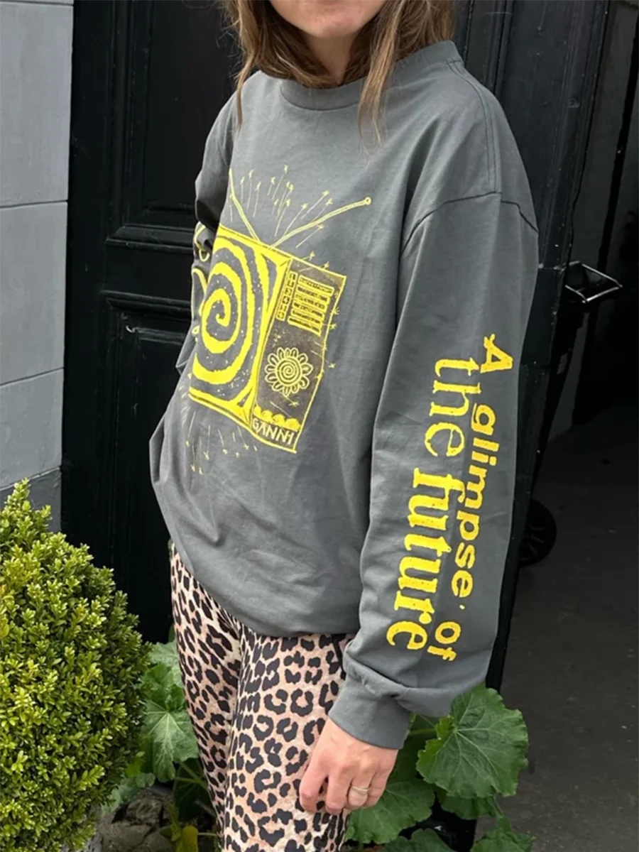 

Футболка женская хлопковая с длинным рукавом и принтом, свободного покроя