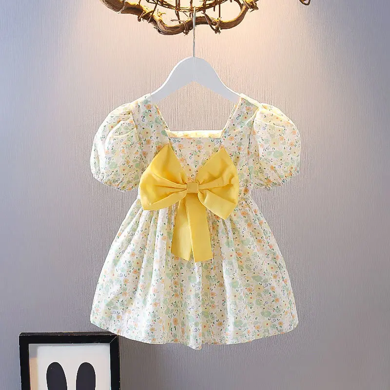 

2022 Flower Girl Dresses Short Sleeve Summer Dress Summer Beach Casual Dresses Yellow Pink Rose Floral Princess Dress