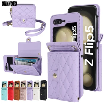 Crossbody Bag Fashion Leather Phone Case For Samsung Galaxy Z Flip 5 4 3 5G With Long Lanyard Wallet Card Slot Protect Cover