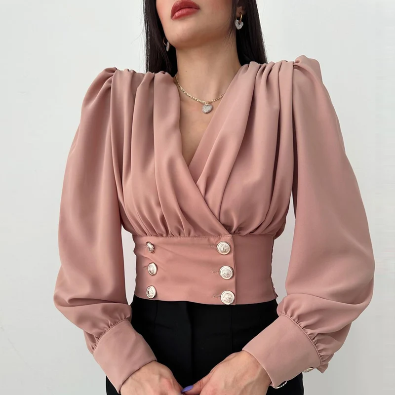 

Lady Solid Color V Neck Long Sleeve Tops Elegant Button Pleated Office Short Shirts Blouse Autumn Spring Casual Blusa Streetwear