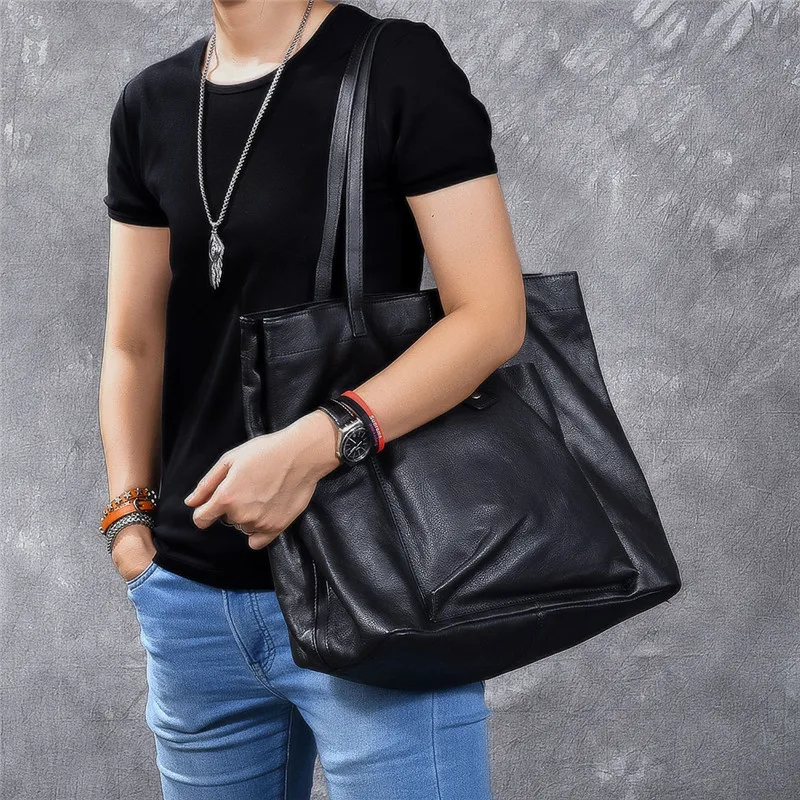 Top quality genuine leather large capacity black tote bag luxury men handbag casual real cowhide women work travel shoulder bag