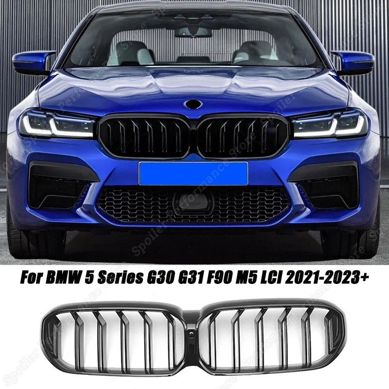 

For BMW 5 Series G30 G31 F90 M5 LCI 2021-2023+ 2Pcs Car Front Kidney Grille Dual Slats Bumper Gloss Black ABS Trim Accessories