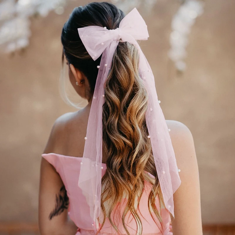 Фата свадебная с бантом белая черная жемчугом новая весенняя женская