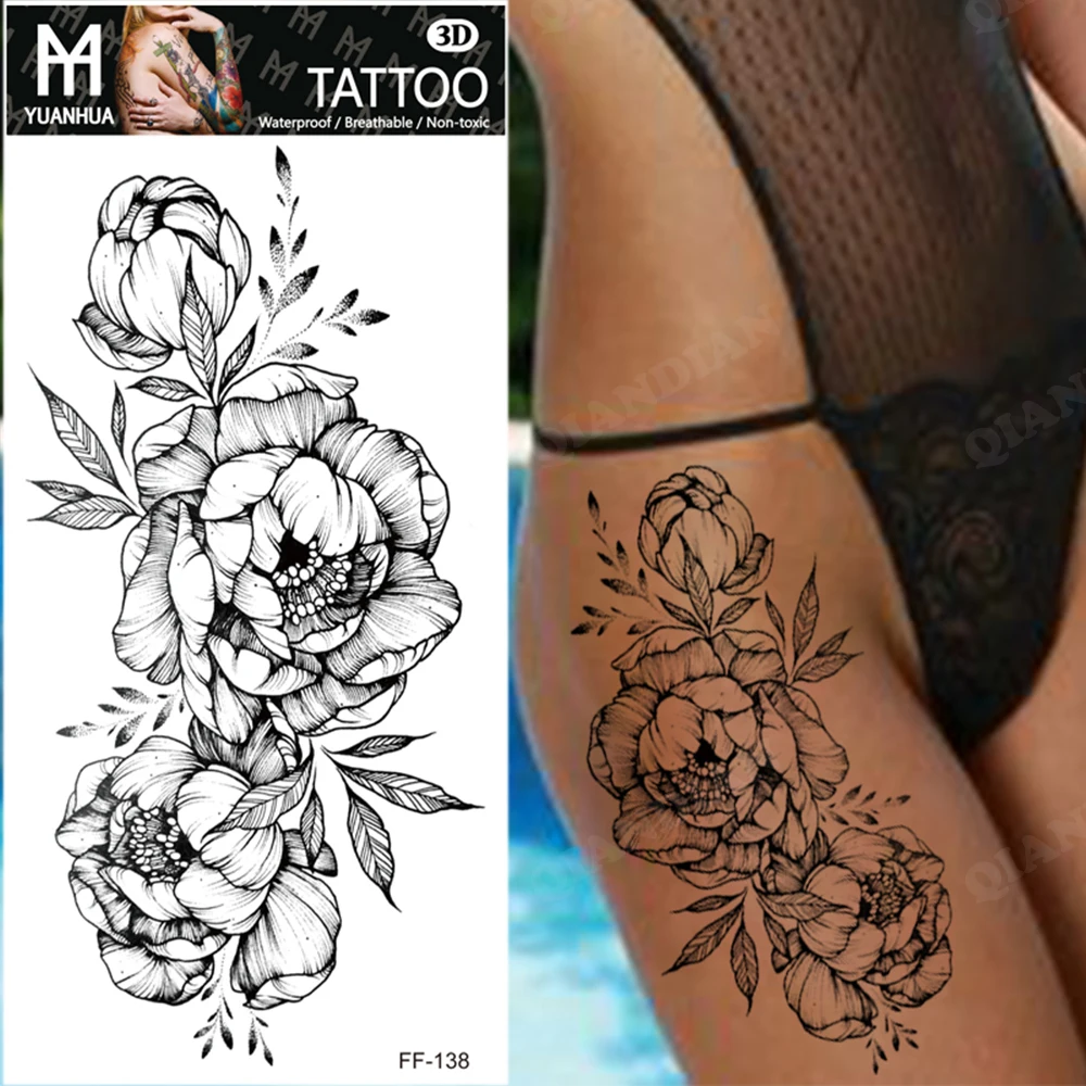 

Temporary Tattoos Sticker Black Rose Arm Sleeve Beauty Flower Snake Butterfly Body Decorate Realistic Fake 3D Women Totem