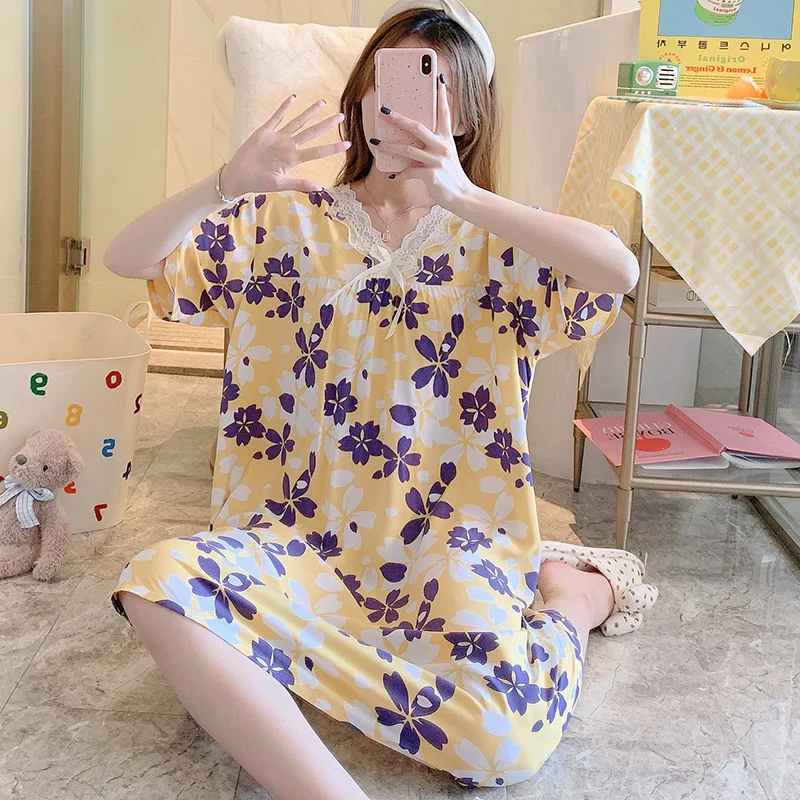 Lady's Nightgown Student V-neck Short Sleeve Cotton Silk Nightdress Sexy Sleepwear