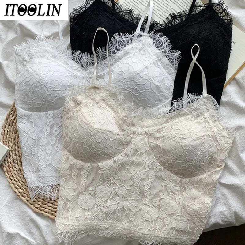 

ITOOLIN New Korean Fashion Spaghetti Strap Tanks Camis Women Almighty Casual Tassels V-neck Crop Tops with Built In Bras To