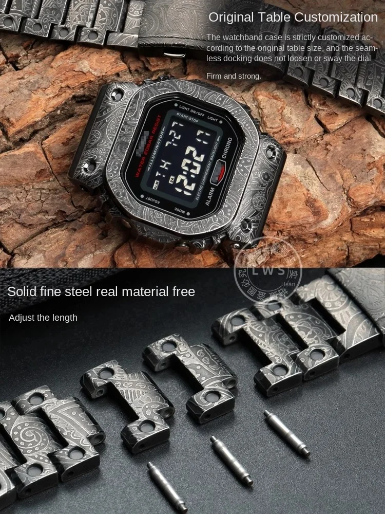 Фото Комплект MOD для Casio DW5600/DW5610/GW-B5600, модифицированный металлический ретро-резной индийский стиль, ремешок для часов из нержавеющей стали + чехол, инструмент №4