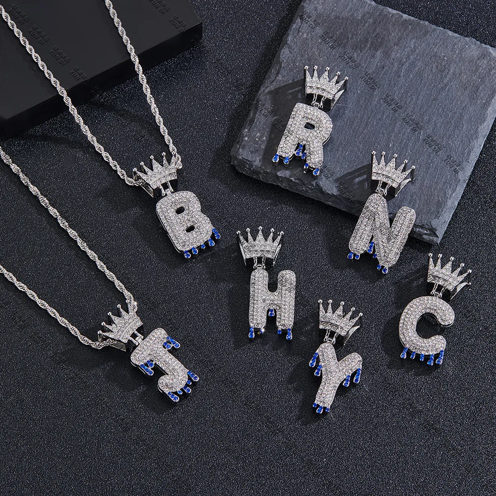 

Bling Hip Hop Cubic Zircon Customize Initial Name Letter Crown Water Drop Pendant Necklace Jewelry