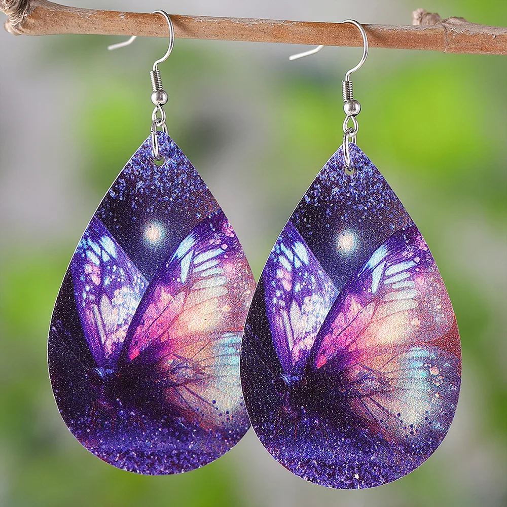 

New Colorful Tie Dyed Butterfly Earrings Starry Sky Butterfly Print Double Sided PU Leather Droplet Personalized Earrings