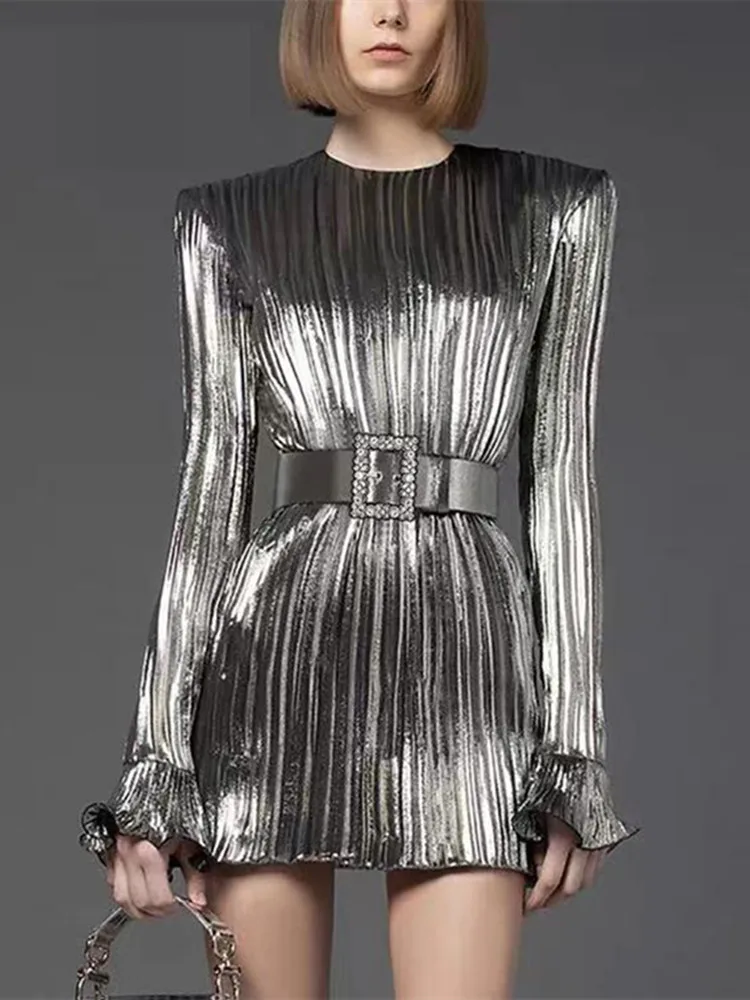Женское Плиссированное Платье дизайнерское блестящее серебристое платье с