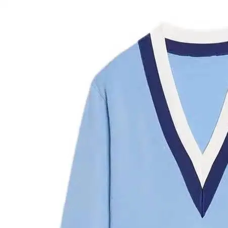 

Women Sweater Loose V-Neck Splicing Solid Long Sleeve Casual Autumn Winter 2022 New Top