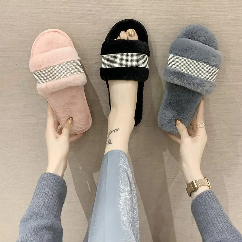 

Winter Luxury Rhinestone Women Warm Fur Slippers Cozy Fluffy Furry Slides Crystal Flat Indoor Design Home Shoes Ladies