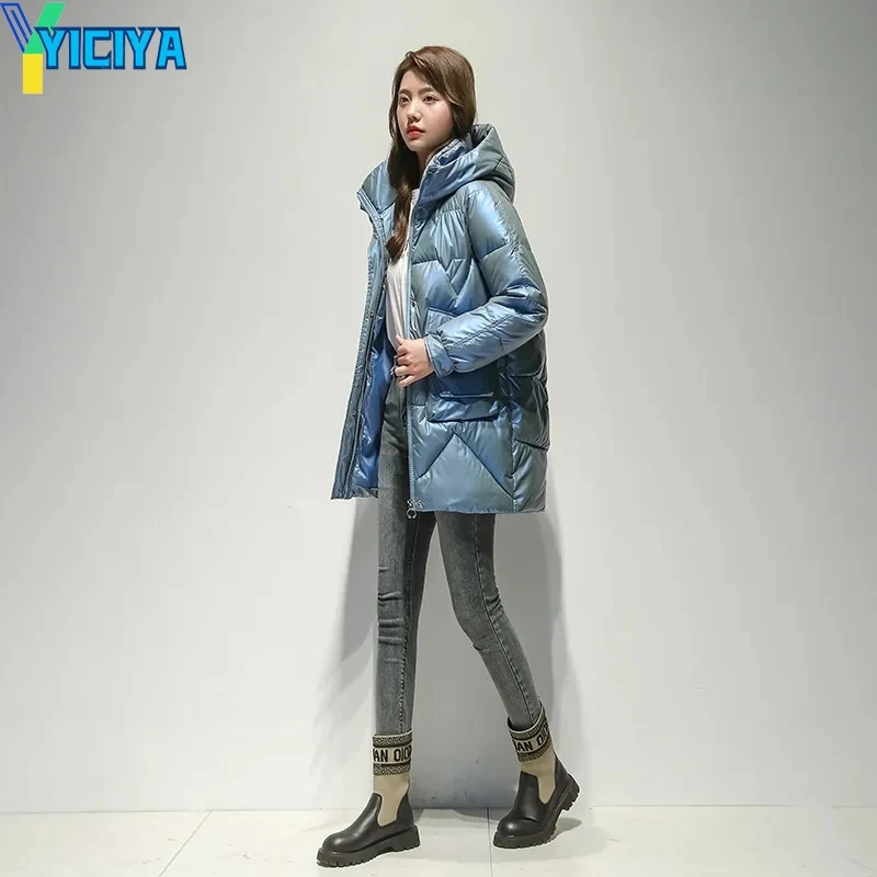 YICIYA Fall Winter Long Jacket Women 2023 Zipper Pockets Thicken Coats Oversized Parkas With Hood Puffer Outerwear Waterproof