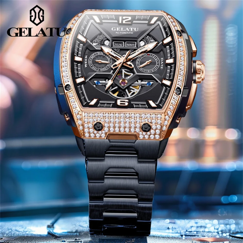 Фото Мужские часы GELATU Luxury, оригинальные, скелетонизированные, автоматические, механические ﻿   Водонепроницаемые часы из нержавеющей стали 50 м для мужчин, подарок 6016 №3