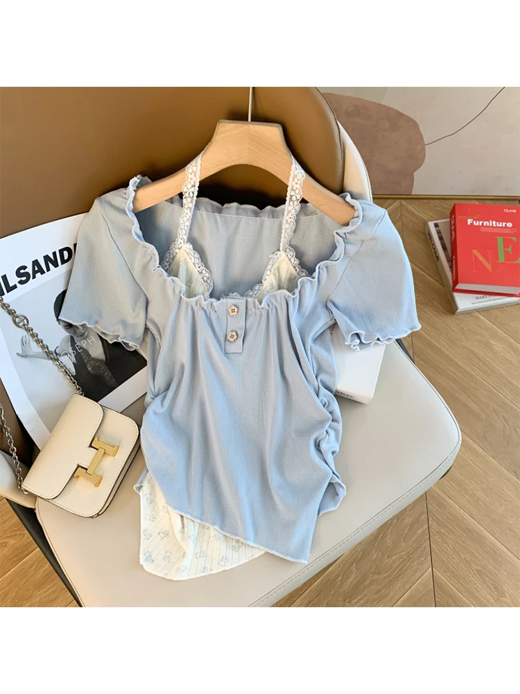 Женская Кружевная футболка в Корейском стиле короткий топ с имитацией двух