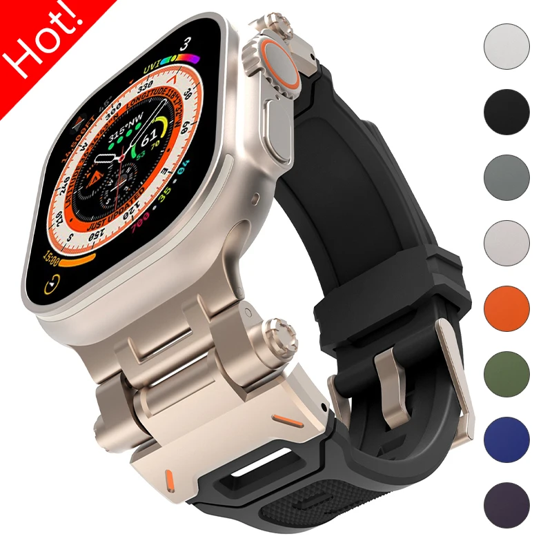 Pulseira de silicone para apple watch, pulseira ultra 3/2/1 49mm 46mm 45mm 44mm 42mm, pulseira de conector de metal para iwatch 11 10 9 8 7 6 se 5 4 3