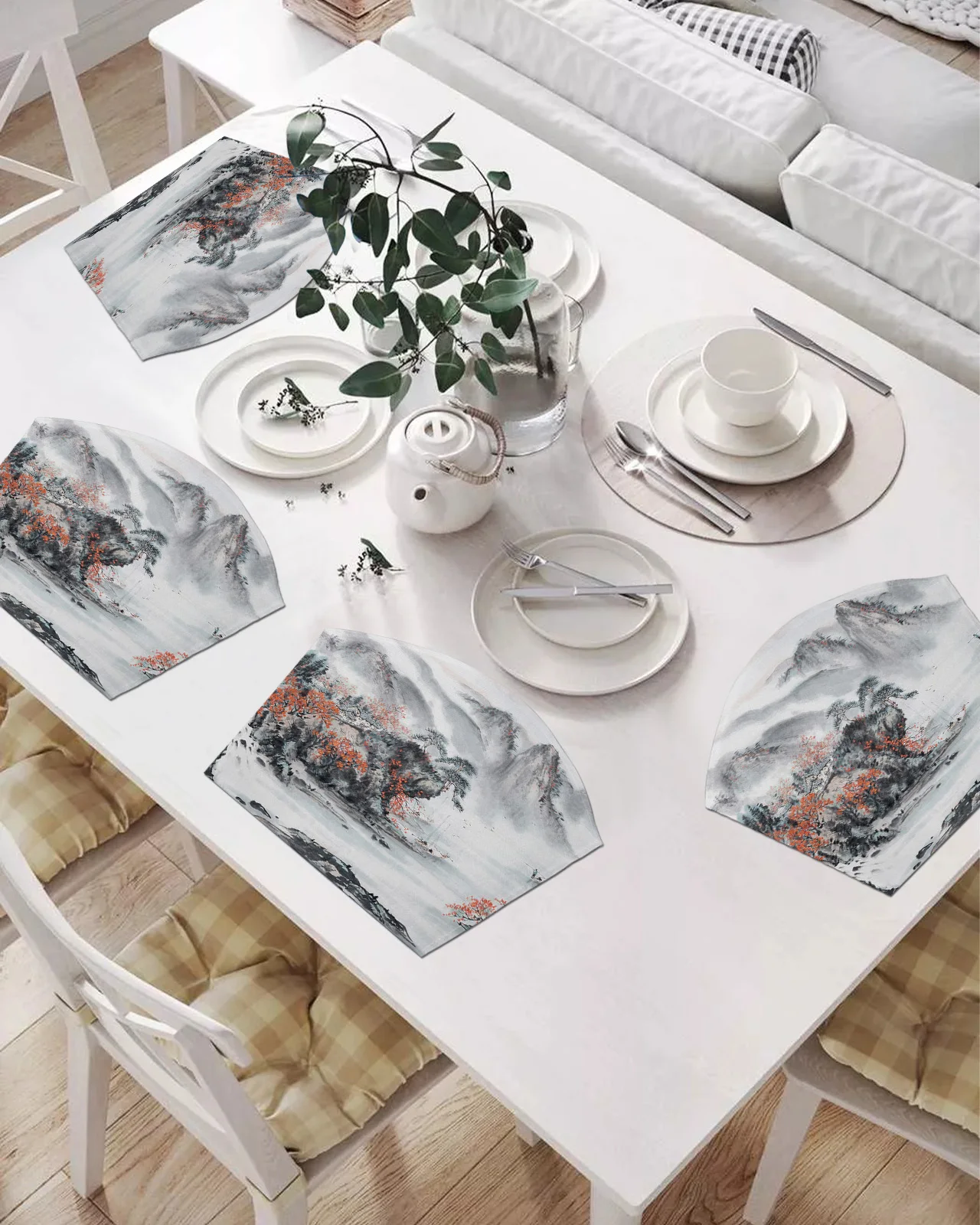 

2/4/6 шт. набор подставок в форме веера, коврики для стола в китайском стиле с рисунком чернил, подставка под чашу, коврик, Рождественский домаш...