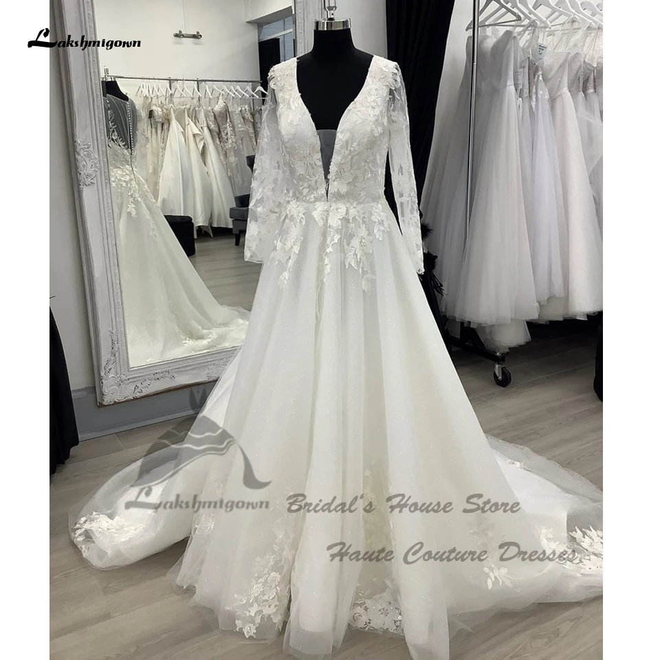 

Lakshmigown Plus Size Long Sleeve Wedding Dress V neck 2023 Civil Robe Mariage Boho Bridal Gowns Sheer Illusion Buttons Back