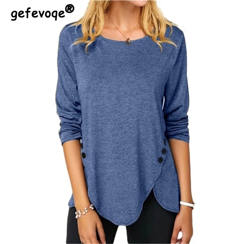 Round Neck Long Sleeve Women T-Shirt Solid Color Loose Casual Tops Button Oversized Cotton Tees Aesthetic Irregular Pullover