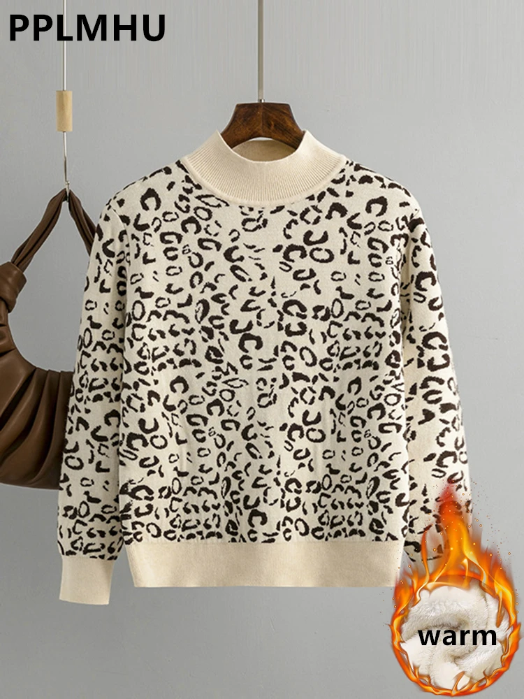 

Winter Thicken Leopard Print Sweater Women's Streetwear Warm Plush Lined Knit Tops Casual Vintage Pullover Soft Mock Neck Jumper