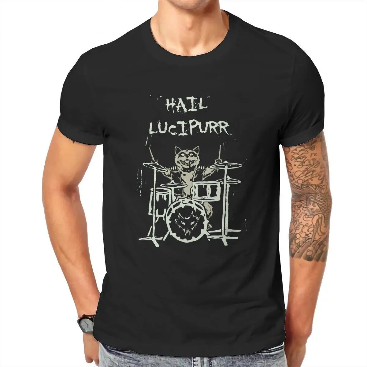 Hail Lucipurr Heavy Metal Satan Cat Drummer  T-Shirts Men Round Collar Cotton T Shirts  Short Sleeve Tees Plus Size Clothing