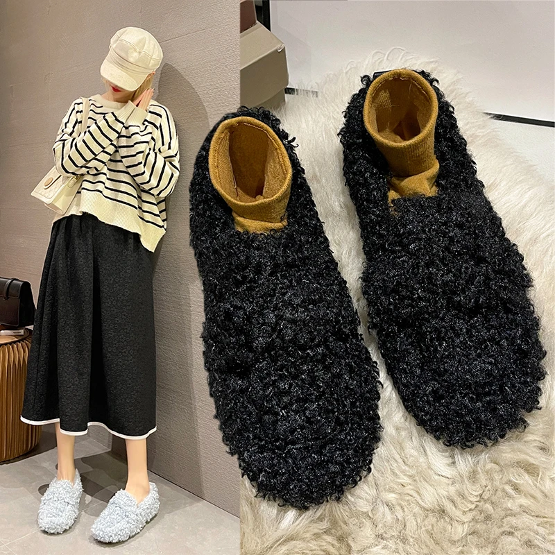 Luxury Lambwool Moccasins Femme Winter Cotton Shoes Women Warm Plush Loafers Comfy Curly Sheep Fur Flats Woman Muller Shoes