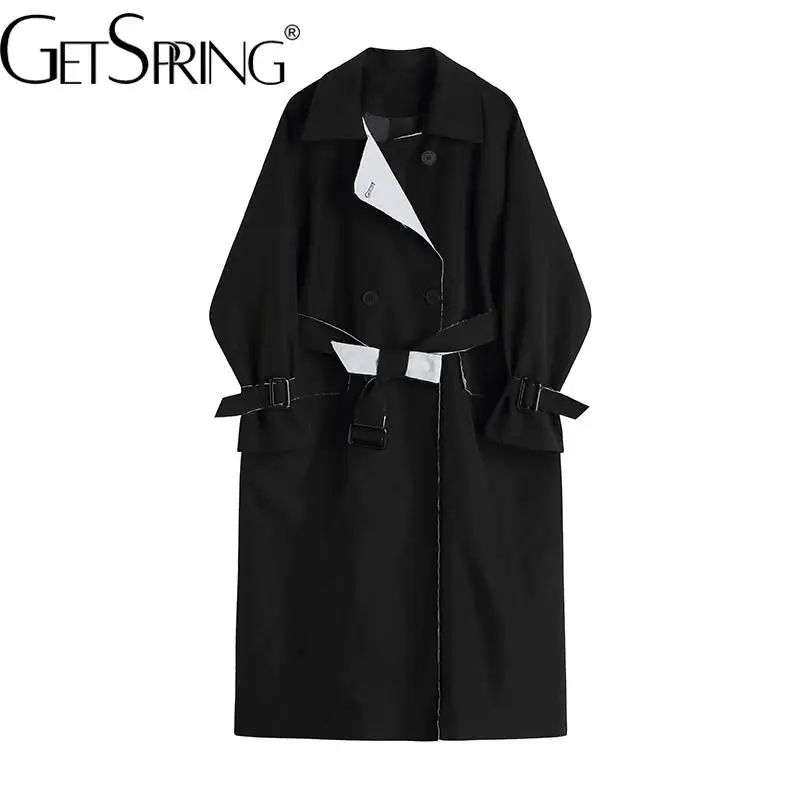 

GetSpring Women Trench Coat Patchwork Double Breasted Black Windbreaker Lace Up Loose Long Female Overcoat Autumn Winter 2022