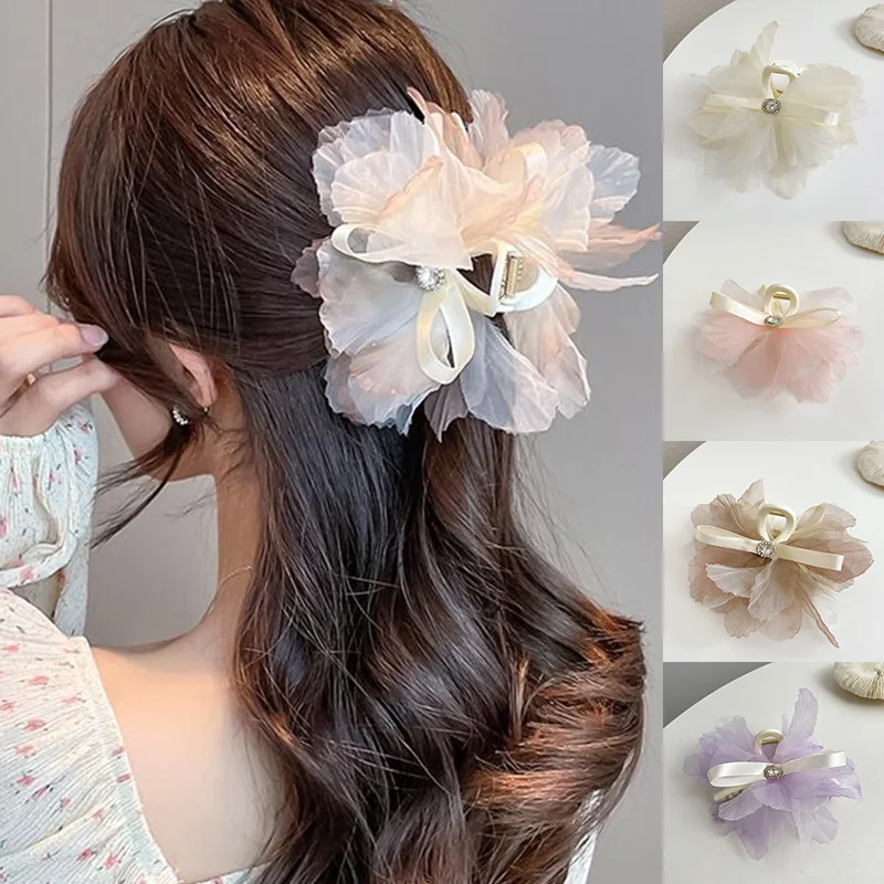 

Заколка-краб для волос в виде лепестков, нескользящий зажим с сеткой и бантом, маленькая милая заколка с цветком акулы