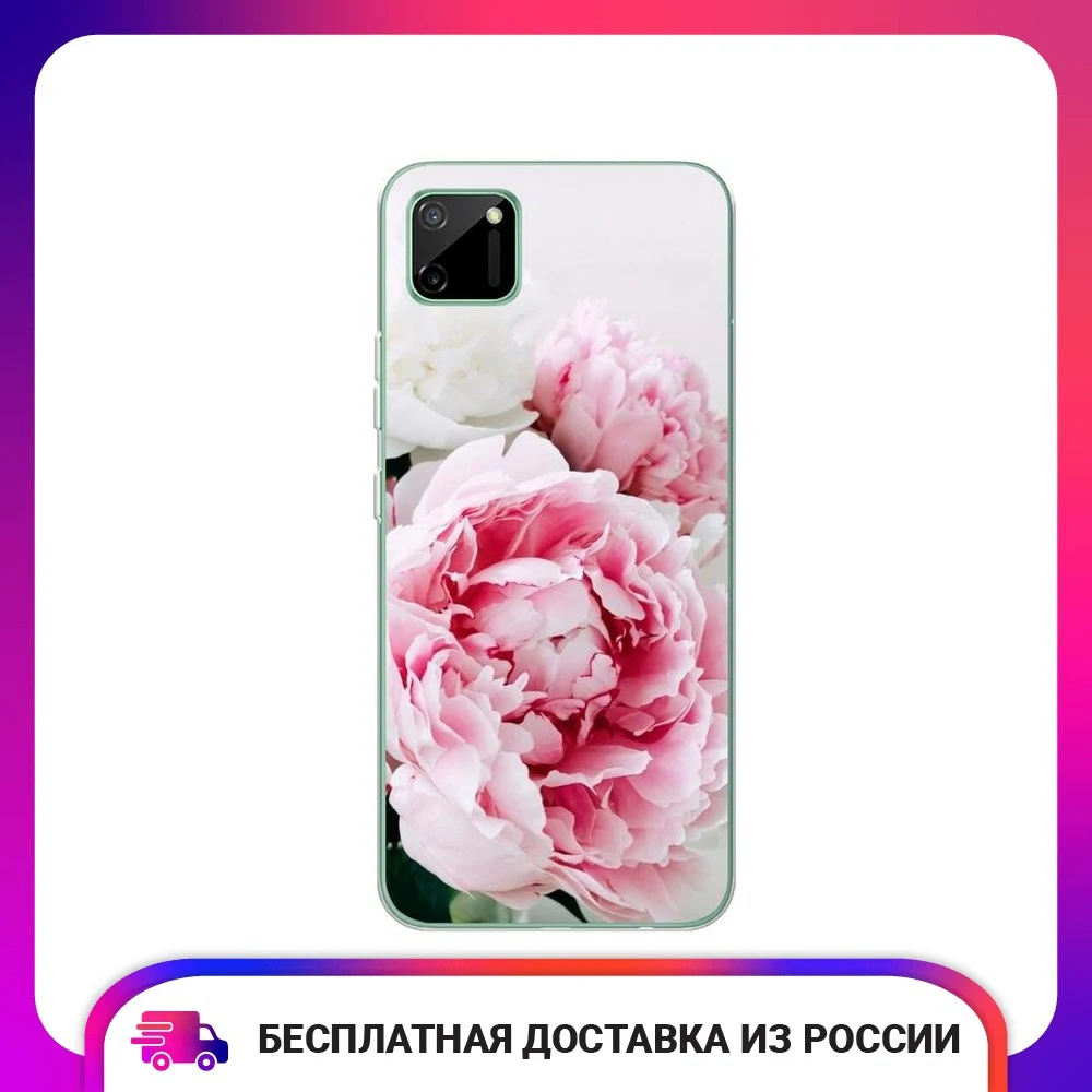 Чехол силиконовый для Oppo Realme C11 Розовые и белые пионы защитный тонкий мягкий