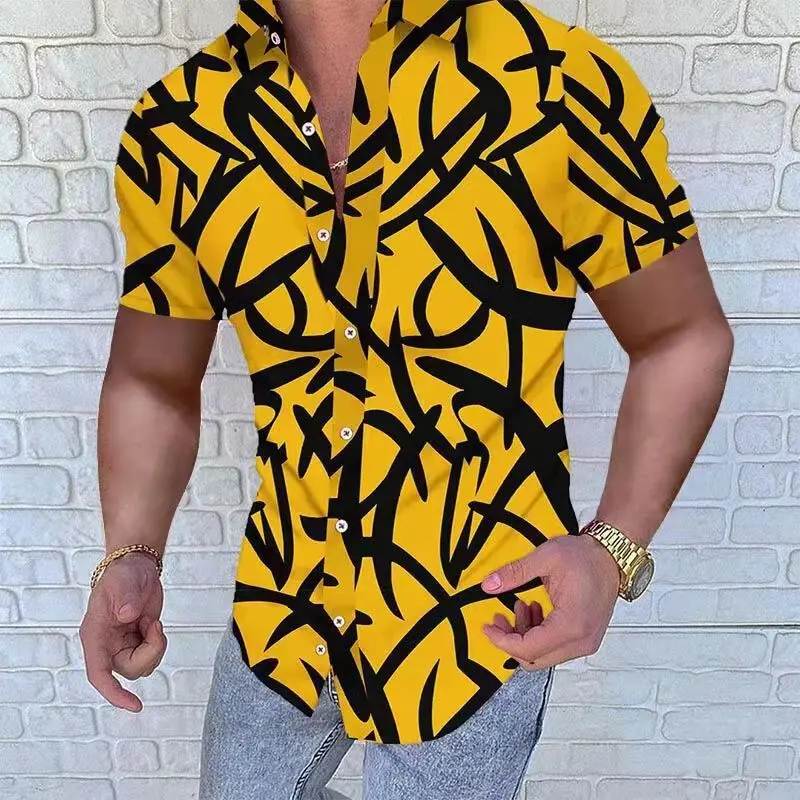 Men's Short Sleeve Shirts Summer New Lapel Printed Casual Slim Fit Large Size Single Breasted Men's Shirts Asian Size